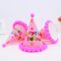 Cappello di compleanno a pois rosa con pon pon soffici e stampa colorata di buon compleanno - Rosa compleanno