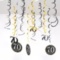 70th birthday party hanging swirl decorations, 12pcs black gold silver ceiling decor set. - 70 Years Old (12pcs) / Gold Silver Black