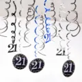 21st birthday party hanging swirls decorations PVC spiral streamers set black silver blue - 21 Years Old (12pcs) / Blue Silver Black
