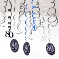 80th birthday party hanging swirl decorations 12pcs PVC foil ceiling swirls black silver blue - 80 Years Old (12pcs) / Blue Silver Black