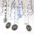 90th birthday party hanging swirl decorations 12pcs PVC ceiling streamers black blue - 90 Years Old (12pcs) / Blue Silver Black