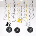 16th birthday party PVC spiral hanging swirls decorations with number and cutouts black gold. - 16 Years Old (12pcs) / Gold Silver Black