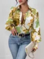 Damen Langarm Blumenprint Bluse Vintage Revers Knopfleiste Lässiges Chic Hemd Oberteil - S / Gelb