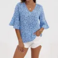Damen Sommer V-Ausschnitt Blumenmuster Glockenärmel Freizeit Bluse Top in Blau Variante - S / Blau