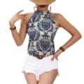 Women Blue White Damask Halter Top Sleeveless Summer Casual Elegant Chic Shirt Blouse - S / Blue