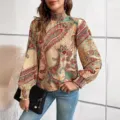 Vintage Paisley Print Hochhals Gesmokte Langarm Bluse für Damen lässiges elegantes Top - S / Mehrfarbig