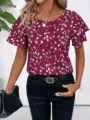 Elegant women's round neck short sleeve abstract print ruffle blouse for daily wear. - Fuschia