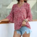 Damen V-Ausschnitt Blumenprint Glockenärmel Bluse Rot Sommer Freizeit Kurzarm Oberteil - S / Rot