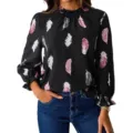 Damen Langarm Bluse mit Feder Muster eleganter Rundhalsausschnitt schicke Mode Oberteil - S / Schwarz