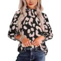 Damen Langarm abstrakte Bluse Rüschenkragen Mode Chic Oberteil in Beige Schwarz - S / Schwarzes Leopardenmuster