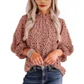 Damen Langarm Polka Dot Bluse Freizeit Süß Rundhals Print Hemd Rosa Größe Variante - S / Pfirsich