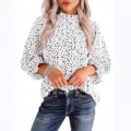 Damen Langarm Polka Dot Bluse Stehkragen Rüschen Freizeit Hemd Elegantes Weißes Top - S / Weiß