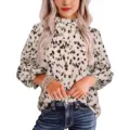 Women's Long Sleeve Leopard Print Blouse Casual Ruffle Stand Collar Elegant Shirt Top - Apricot