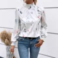 Damen Blumenmuster Stehkragen gesmokte Langarm Bluse lässig elegant stylisches Oberteil - S / Weiß