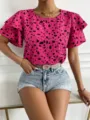 Damen rosa gepunktete Kurzarm Bluse lässig Sommer Pullover Top Detailansicht Mode - S / Fuchsia