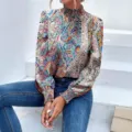 Damen Bunt Paisley Print Langarm Stehkragen Gesmokte Bluse Variante Mode Präsentation - S / Geometrisches Muster 3