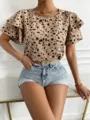 Summer casual loose short sleeve dalmatian spot print round neck ruffle blouse top for women. - Apricot
