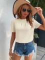 Effen kleur korte mouw gestructureerde ronde hals blouse, casual zomer top stijlen. - S / Broken Wit