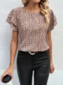 Women's abstract print short sleeve top, featuring a chic round neck and layered flutter sleeves. - S / Peach