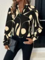 Women's casual V-neck long sleeve blouse with chic abstract print, stylish and comfortable top. - S / Dark Blue