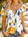Damen Kurzarm Blumen-Print Bluse, lässiges Rundhals Sommer-Top in weiß und gelb - S / Gelb