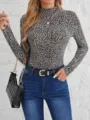 Damen lässiges Leopardenmuster Langarm Stehkragen Slim Fit Oberteil für Herbst Winter Alltag. - S / Leopardenprint
