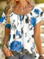 Lässige Damen Kurzarm Bluse mit blauem Blumenmuster, runder Ausschnitt Sommer Oberteil Variante. - S / Blau