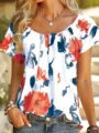 Damen Kurzarm Blumen Bluse Lässiger Rundhalsausschnitt Sommer T-Shirt Oberteil Neu - S / Rot