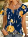 Lässiges Damen Kurzarm Top mit Blumenmuster, bequemer Rundhalsausschnitt für den Sommer. - S / Dunkelblau