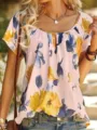 Women casual crew neck short sleeve floral print blouse top summer daily fashion wear. - Pink