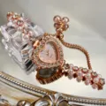 Roségold Herz Strass Quarzuhr Doppelperlen Armband Mode Damen Schmuck Accessoire - Roségold Farbverlauf
