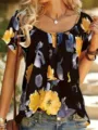 Women short sleeve floral print blouse casual round neck summer top black yellow variant. - Black