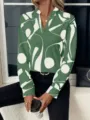 Green abstract print V-neck long sleeve blouse shirt detail view, casual relaxed fit fashion top. - S / Light Green