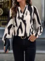 Casual long sleeve loose blouse with black and white abstract print, chic V-neck design for women - S / Apricot 12