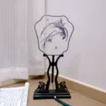 Traditional Chinese embroidered fan with black wooden stand and tassel, ancient style decor. - 21