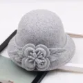 Grey wool felt bucket hat detail, featuring a 3D floral and leaf decoration on the brim. - M (56-58cm) / Solid Large Flower - Gray