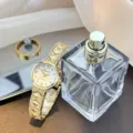 Luxus goldene Quarzuhr für Damen mit stilvollem geflochtenem Kettenarmband und Zifferblatt. - Gold Weiß
