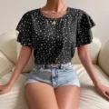 Damen schwarz-weiß gepunktete kurzarm rüschen bluse lässiges sommer top t-shirt schick - S / Schwarz