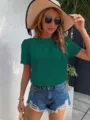 Damen einfarbig rundhalsausschnitt kurzarm oberteil lässiges sommer t-shirt grün mode - S / Dunkelgrün