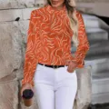 Damen orange abstrakter Druck Rüschen Stehkragen Langarm Bluse schickes Freizeitoberteil - S / Orangerot