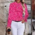 Elegante Damen Bluse in Pink mit Stehkragen, Rüschen und weißem Wellenmuster Langarm. - S / Fuchsia