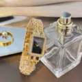 Goldene Diamant rechteckige Damenuhr Quarz mit Doppelkettenarmband und schwarzem Zifferblatt. - Gold Schwarz