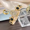 Women fashion quartz watch with rhinestone bezel and black beaded bracelet strap for daily wear - Black