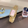 Luxus rechteckige pinke Strass Damen Quarzuhr mit goldenem doppelten Kettenarmband. - Gold Rosa