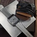 Men quartz watch and bracelet set, square black case with grey leather strap and black bands. - Set / Gray