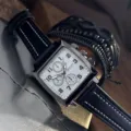 Men's square quartz watch with black case, textured dial and leather strap gift set. - Set / Black with White Dial