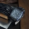 Men square quartz watch set black leather strap multi-layer bracelets fashion gift box - Set / Black Black Dial