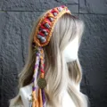 Fascia per capelli all'uncinetto retrò fatta a mano con nappe colorate per le donne - Giallo ocra