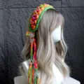 Fascia per capelli all'uncinetto fatta a mano boho con nappe colorate, cerchietto vintage intrecciato - Verde