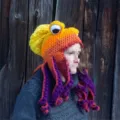 Handmade crochet octopus hat funny novelty warm knitted beanie cap for party costume outfit. - One Size / Bright Yellow & Purple
